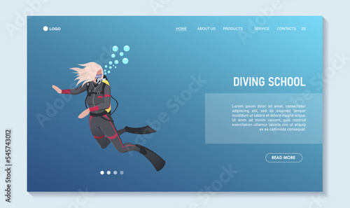 Scuba diving poster. Snorkeling template isometric concept. Traveling, touristic, sport activity, summer underwater hobby landing page for web design. Woman free diver in wetsuit. Vector illustration