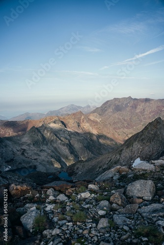 Vertical aerial of a beautiful lake in a valley surrounded by rocky mountains