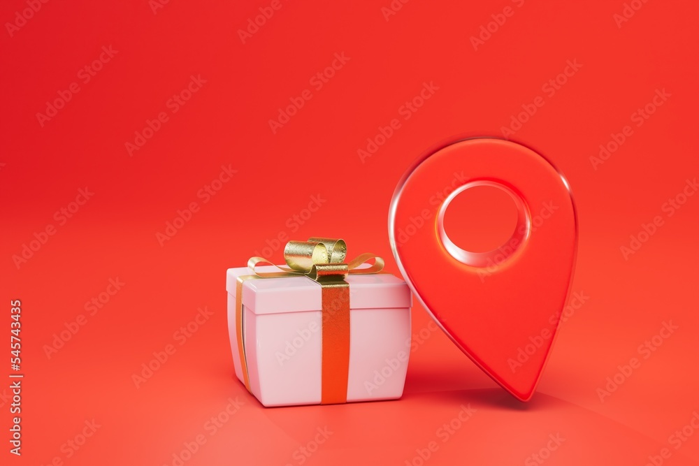 delivery of gifts to the specified address. gift box and dot gps on a red background. 3D render - obrazy, fototapety, plakaty 