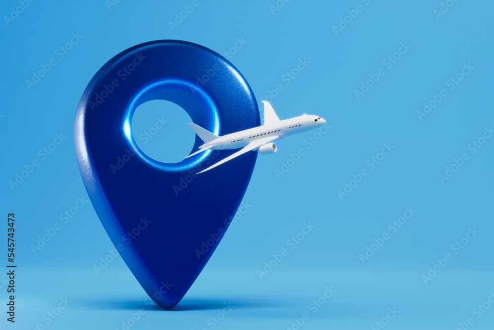 travel by plane. a flying plane and a GPS point on a blue background. copy paste, copy space. 3D render travel by plane. a flying plane and a GPS point on a blue background. copy paste, copy space. 3D render