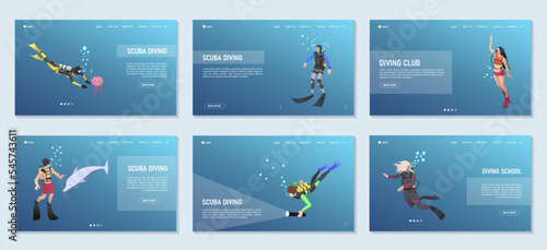 Scuba diving poster. Snorkeling set template isometric concept. Traveling, touristic, sport activity, summer underwater hobby landing page for web design. Extreme people, divers. Vector illustration photo