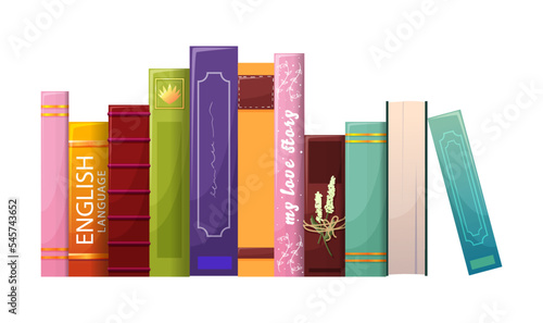 Stack of library books front view. English school literary collection education dictionary, university literature bookstore. Bookshelf of encyclopedia isolated on white background. Vector illustration