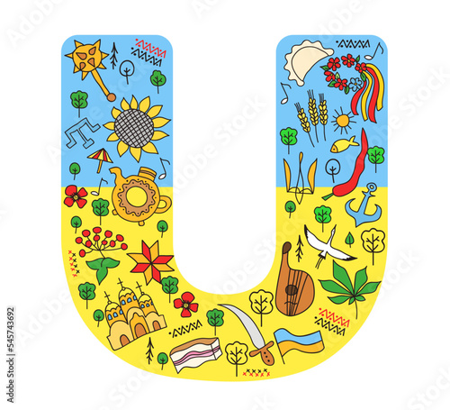 Stylized letter U in doodle style with symbols of Ukraine. Set of elements.