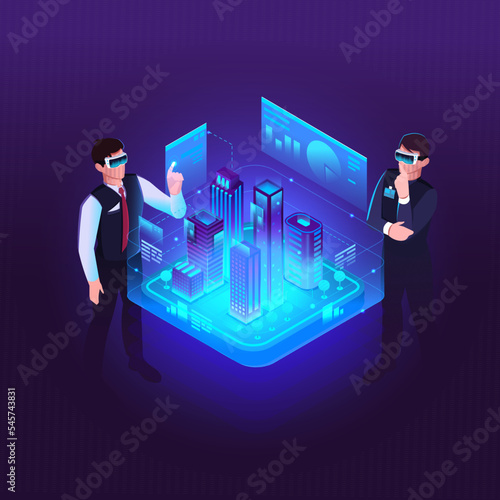 Project management in cyberspace technology. Isometric development architectural plan. Web banner or landing page. Scheme town, city with engineers. Construction company business. Vector illustration