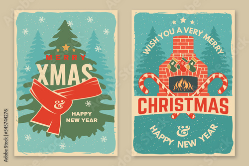 Set of Merry Christmas and 2023 Happy New Year poster, flyer, greeting cards with fireplace, Christmas socks, christmas candy and christmas tree. Vector. Design for xmas, new year.