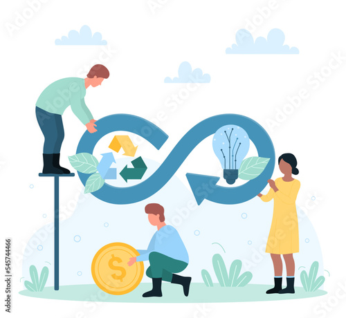 Circular economy, waste recycling, efficient energy consumption and management vector illustration. Cartoon tiny people with circulation infinity sign use sustainable sources for industry production
