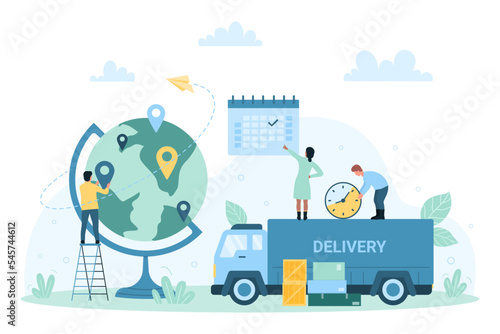Global logistic distribution service, worldwide import, export vector illustration. Cartoon tiny people put location pin on globe, hold clock, plan delivery of goods by truck using planner calendar