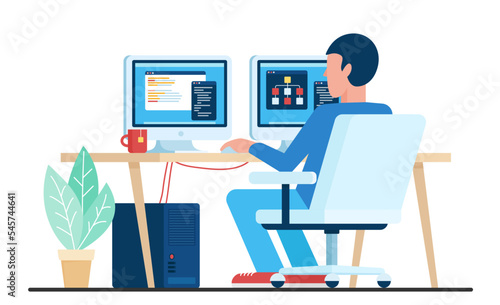 Online work of man in office or home workplace, back view vector illustration. Cartoon male employee character sitting in chair with coffee at computer monitors, programmer and developer working