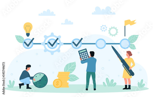 Project milestone to progress toward business goal vector illustration. Cartoon tiny people holding pen to mark milestones of growth with checkmarks, journey to achieve flag of mission in journey