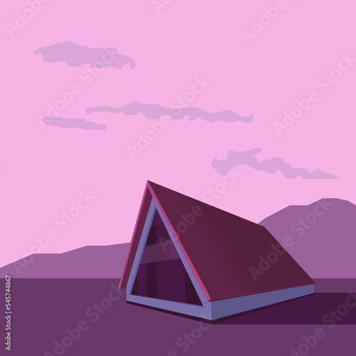 A-frame house in the light of the pink sunset © Orest