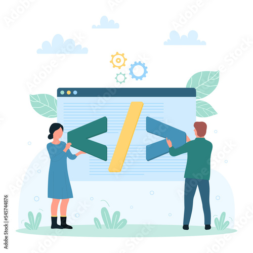 Web developement technology vector illustration. Cartoon tiny people holding program digital code symbols, team of man and woman developers coding software application or website project in network