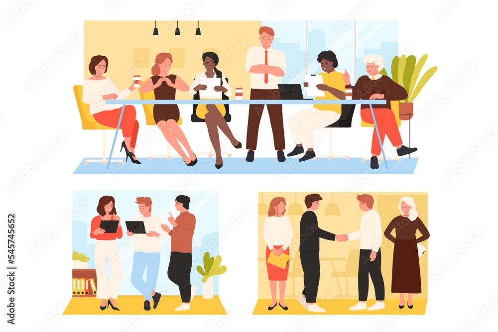 Office meeting set vector illustration. Cartoon business people and leader discuss startup and work at desk together, brainstorm on project by colleagues, contract agreement and handshake of partners