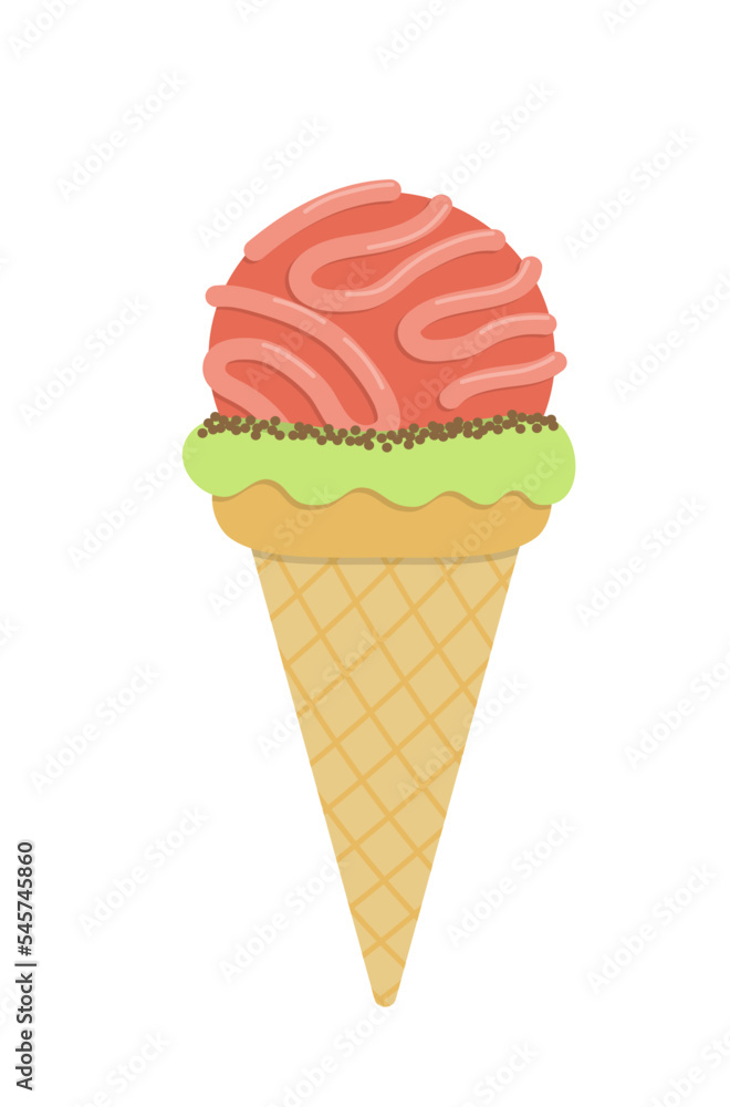 Ice cream. Waffle cone with pink scoop. Flat, cartoon, vector