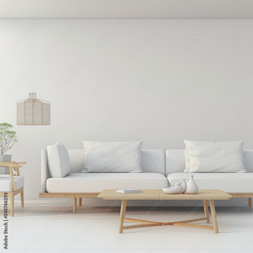 interior house with simple white background mockup. White sofa and natural wooden furniture. modern space panorama, 3d render, 3d illustration interior house with simple white background mockup. White sofa and natural wooden furniture. modern space panorama, 3d render, 3d illustration
