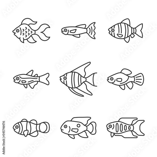 Aquarium fish line icon set. Tropical fish vector sign. Aquarium husbandry symbol. Editable stroke.