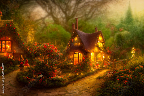 Natural landscape of a fairy tale country, with houses and flowers. Cartoon style. Multi colored fairy lights for the Christmas tree. Advertising for books, illustrations and cartoons.