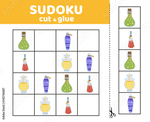 Sudoku game with potion bottles. Halloween sudoku for kids. Cut and glue. Cartoon