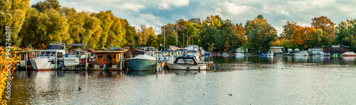 POTSDAM, GERMANY - October 15 2022: Motor yacht club Tiefer See in the center of Potsdam. A cozy harbor restaurant with a view of the Havel and the castle park completes the offer.