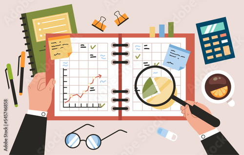 Businessman desk agenda workplace finance project searching abstract concept. Vector graphic design illustration element 