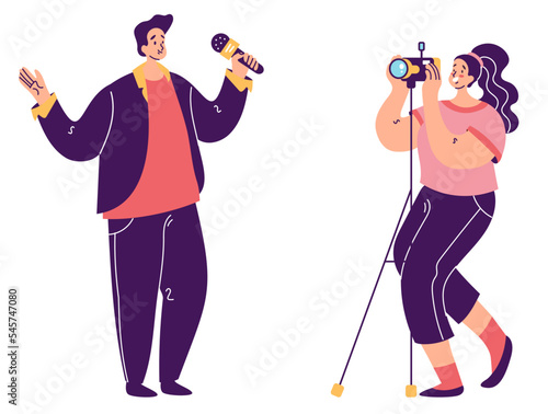 Journalists do report. Cameraman tv reporter interview news abstract concept. Vector graphic design illustration element