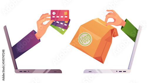 Fast food grocery online order delivery by laptop internet abstract concept. Vector graphic design illustration element
