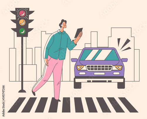 Pedestrian car accident danger crosswalk abstract concept. Vector graphic design illustration element
 photo