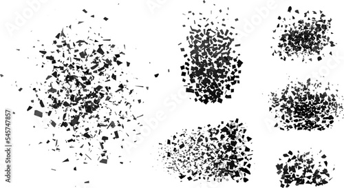 Dark geometric particles burst set. Black grey shatters, flying triangles bursts, broken debris vector collection. Abstract decorative elements