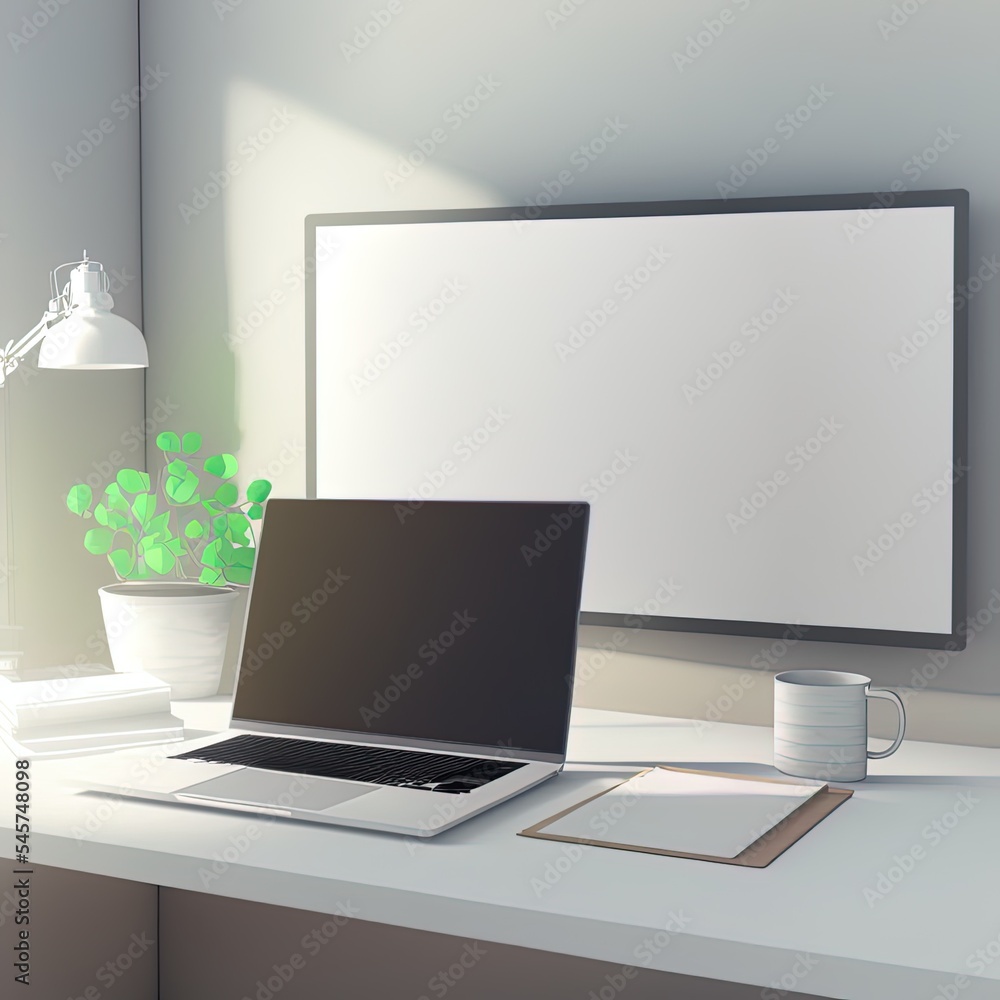 Workspace with mockup blank screen laptop computer. 3D Rendering. Workspace with mockup blank screen laptop computer. 3D Rendering.