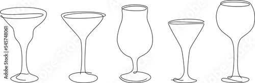 Simple one line cocktail glasses. Continuous lines wine, martini, summer drink glass. Vector drinks, bar alcoholic and nonalcoholic beverages