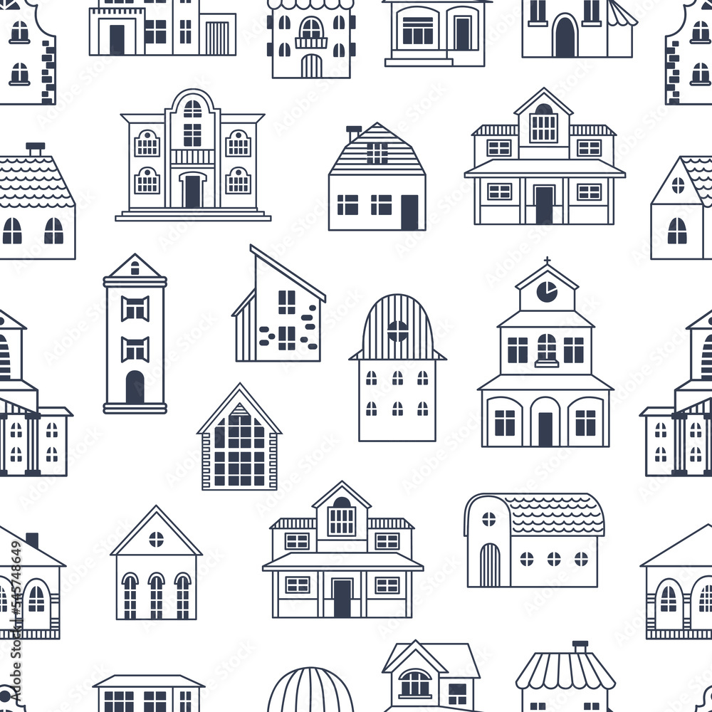 Cute doodle homes seamless pattern. Tiny houses, line architecture elements. Village or country style, outline buildings. Neoteric scandinavian vector print