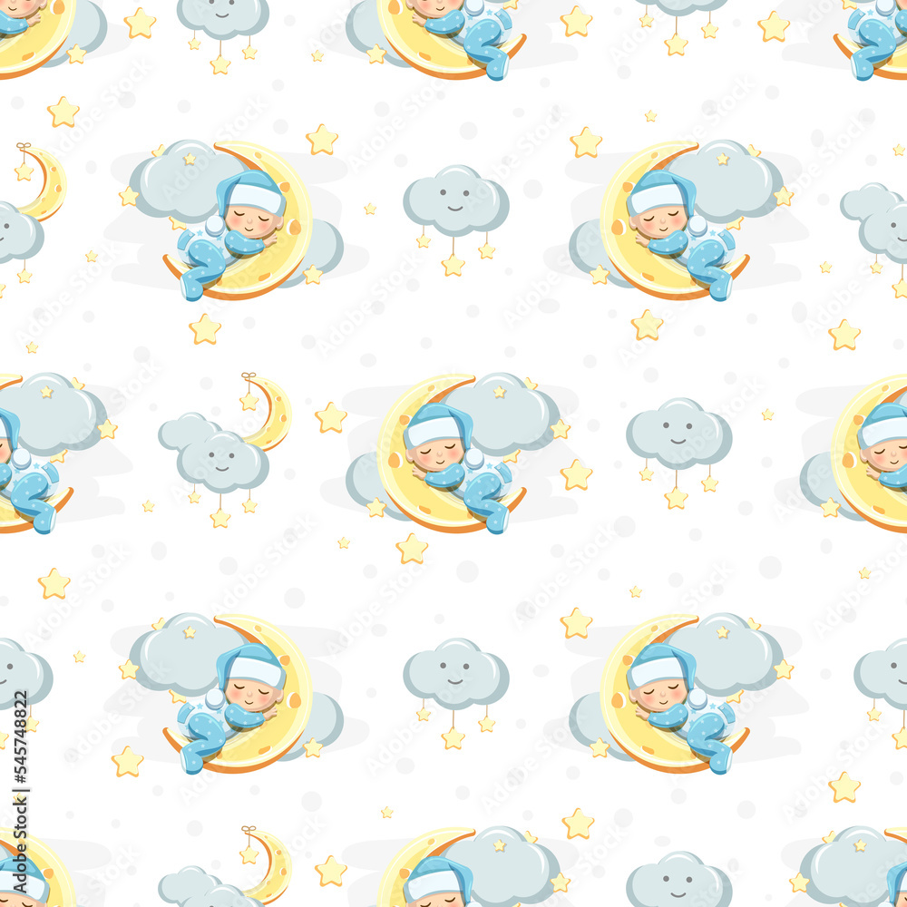 Children's pattern with a sleeping boy on the moon in the clouds Children's pattern with a sleeping boy on the moon in the clouds