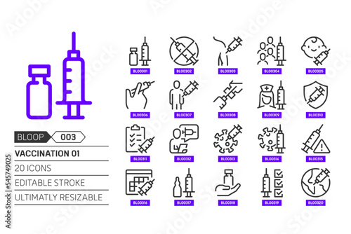 Vaccination related, pixel perfect, editable stroke, up scalable, line, vector bloop icon set.