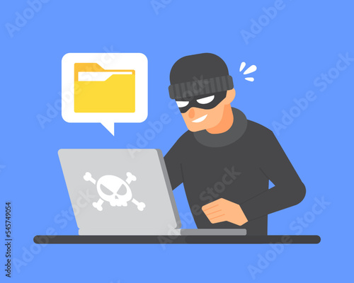 Hacker using laptop to steal document folder. Concept of data breach, cybercrime, computer system hacking, security vulnerability, or digital threat. Flat cartoon icon. Technology vector illustration.