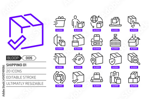 Shipping 01 related, pixel perfect, editable stroke, up scalable, line, vector bloop icon set.