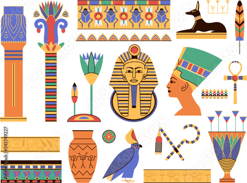 Ancient egypt elements. Egyptian landmark, monument ruins and sculpture. Ornamental decorative symbols, column and gold pharaon decent vector kit