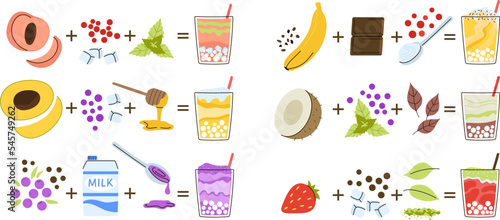 Bubble tea recipes with fruits, ice and mint leaves. Sweet asian taiwan drinks, raw ingredients and pearls. Cartoon isolated decent vector bar menu