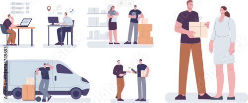 Order and delivery concept. Delivery man transporting goods from office to customer. Online gift buy, courier hold box. Kicky logistic vector scenes