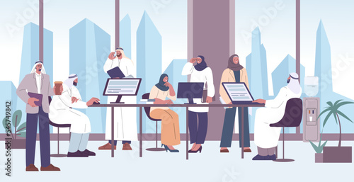Arabic muslim teamwork business office. Saudi career, coworking or work meeting. Arabian woman and man working, kicky arab vector characters