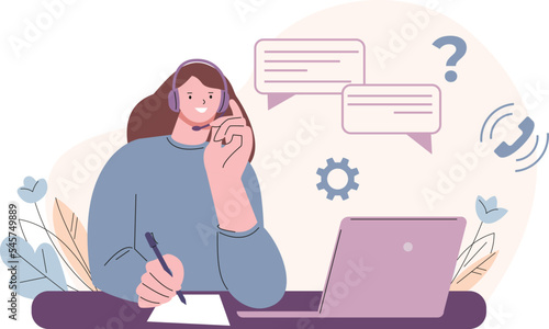 Online virtual assistant. Psychology support, female in headphones consult clients via internet. 24 hours helping call center, help service kicky vector scene