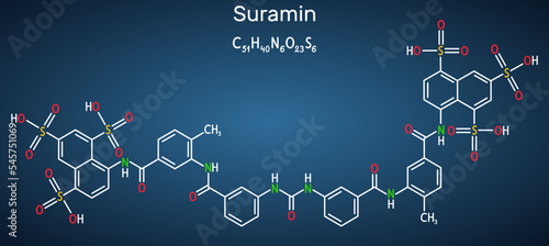 Suramin drug molecule. It is used to treat African sleeping sickness and river blindness. Structural chemical formula on the dark blue background