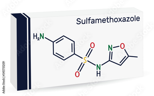 Sulfamethoxazole, SMZ, SMX molecule. It is sulfonamide antibiotic, used for bacterial infections. Skeletal chemical formula. Paper packaging for drugs.
