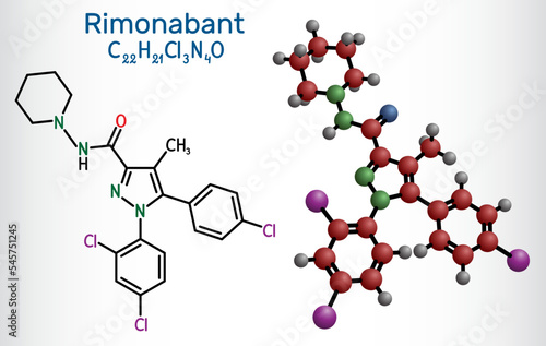 Rimonabant molecule. It is anorectic anti-obesity drug. Structural chemical formula and molecule model.