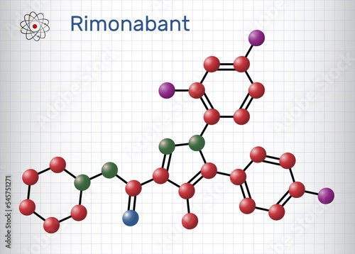 Rimonabant molecule. It is anorectic anti-obesity drug. Molecule model. Sheet of paper in a cage