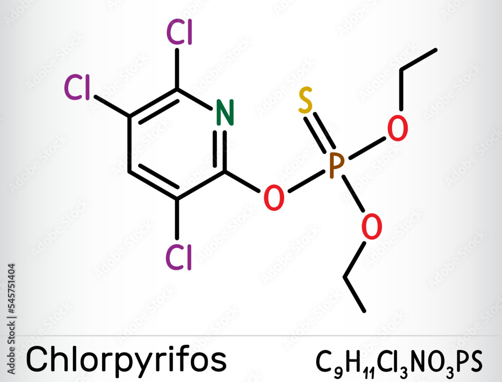 Chlorpyrifos, CPS molecule. It is organophosphate neurotoxicant, used as pesticide. Skeletal chemical formula Chlorpyrifos, CPS molecule. It is organophosphate neurotoxicant, used as pesticide. Skeletal chemical formula