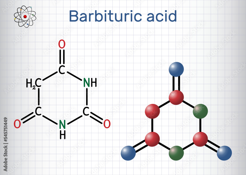 Barbituric acid, malonylurea or 6-hydroxyuracil molecule. It is parent compound of barbiturate drugs. Structural chemical formula, molecule model. Sheet of paper in a cage Barbituric acid, malonylurea or 6-hydroxyuracil molecule. It is parent compound of barbiturate drugs. Structural chemical formula, molecule model. Sheet of paper in a cage