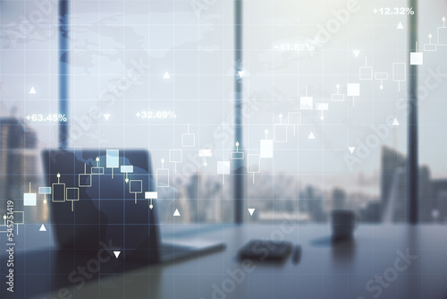 Multi exposure of abstract creative financial graph with world map and modern desktop with computer on background, forex and investment concept © Pixels Hunter