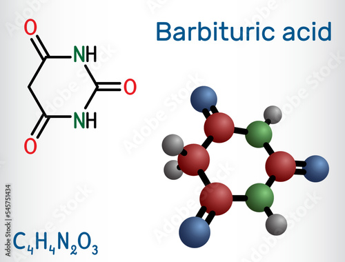 Barbituric acid, malonylurea or 6-hydroxyuracil molecule. It is parent compound of barbiturate drugs. Structural chemical formula and molecule model.