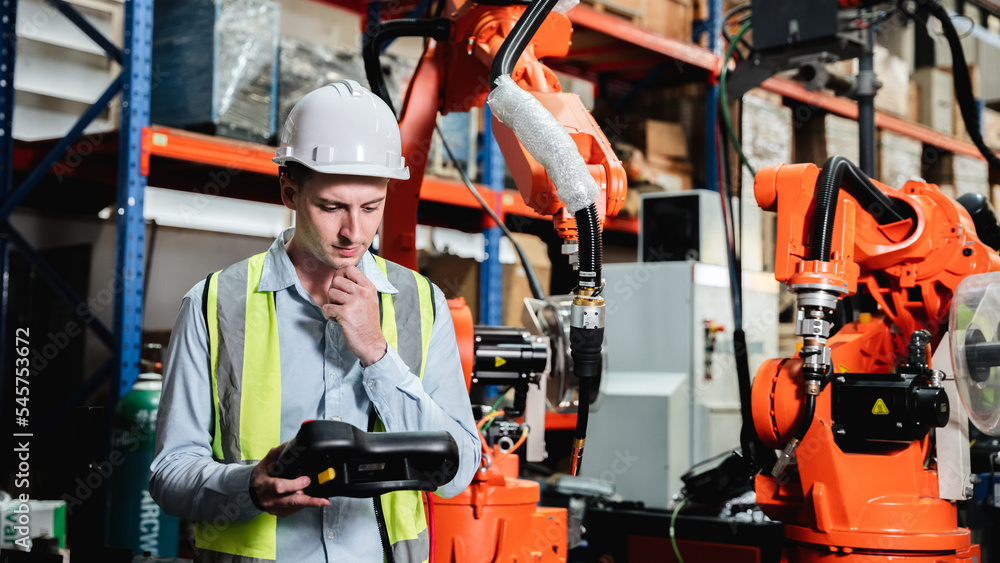 Industrial engineers are in charge of controlling the automated arms machine welding robots in companies that manufacture industrial goods. Industrial engineers are in charge of controlling the automated arms machine welding robots in companies that manufacture industrial goods.