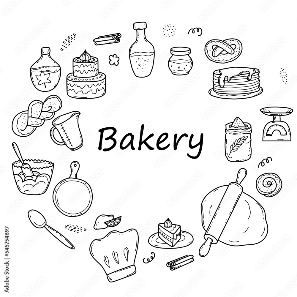 Handdrawn buns, baking bakery elements, delicious pies and cakes arranged in a circle, a simple