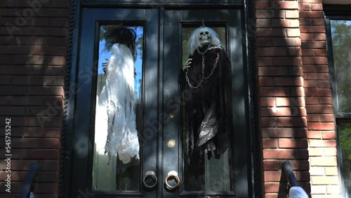 NEW YORK, NEW YORK – OCTOBER 22: Monsters and ghosts are decorated in front of apartment for annual Halloween decoration in Upper East Manhattan on October 22, 2022 in New York City NY, USA. 